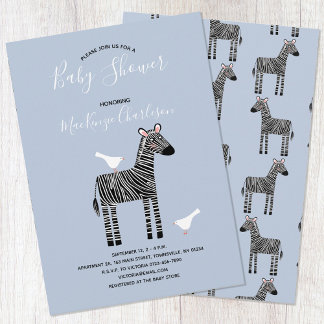 Cute Zebra Blue Baby Shower Invitation