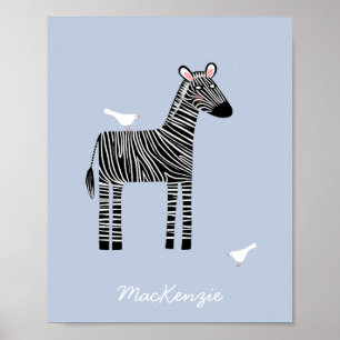 Cute Zebra Custom Name Blue Poster