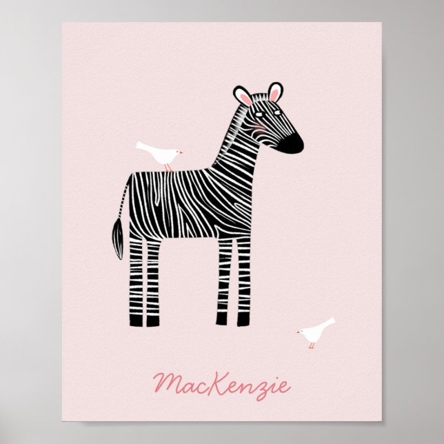 Cute Zebra Custom Name Blush Pink Poster (Front)