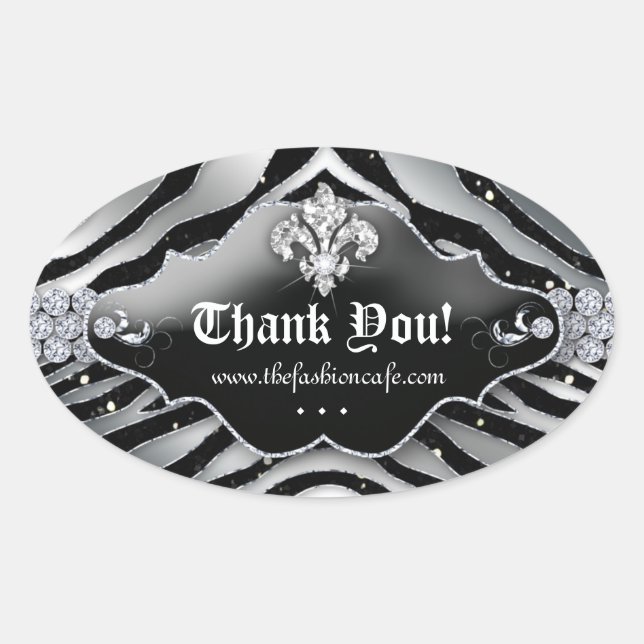Cute Zebra Fleur de lis Glitter Silver Black Oval Sticker (Front)