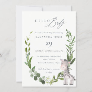 Cute Zebra Foliage Wreath Hello Baby Shower Invite