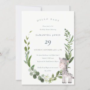 Cute Zebra Foliage Wreath Hello Baby Shower Invite