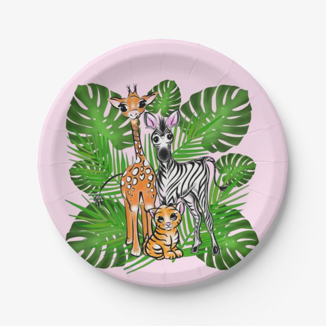 Cute zebra giraffe tiger jungle theme paper plate (Front)