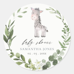 Cute Zebra Green Foliage Wreath Baby Shower Classic Round Sticker
