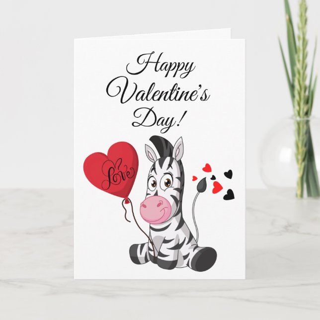 Cute zebra happy Valentine day red black hearts Holiday Card (Front)