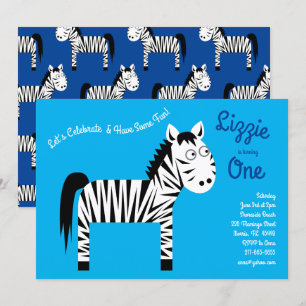 Cute Zebra Kids 1st Birthday Party Invitations