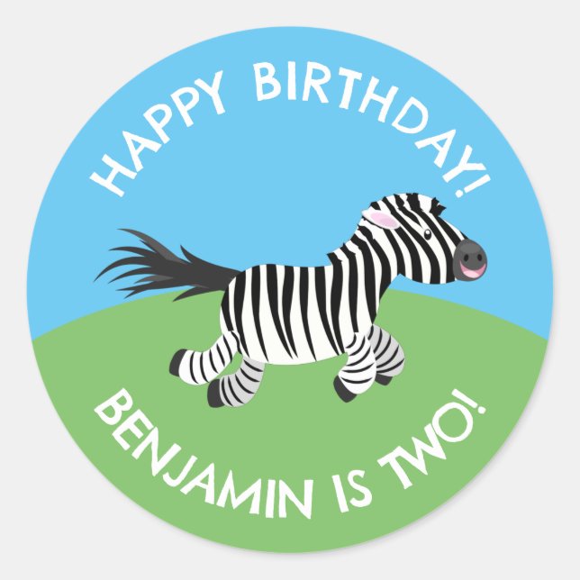 Cute zebra personalised cartoon birthday classic round sticker (Front)