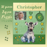 Cute zebra photo name green yellow kids jigsaw puzzle<br><div class="desc">30 piece jigsaw puzzle for kids.
Featuring a cute zebra,  with stars and love hearts.
Add a name,  initial and a photo.
Colour scheme: green and yellow
Children's gift idea.</div>