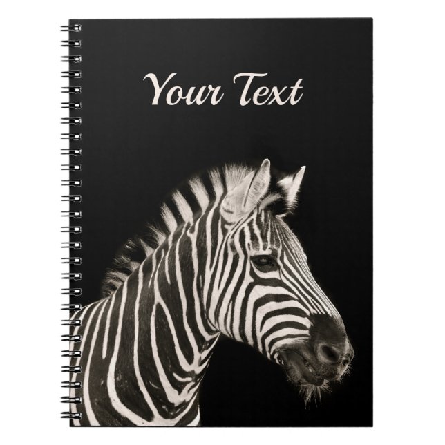 Cute Zebra Portrait on Black Personalised Name Notebook (Front)