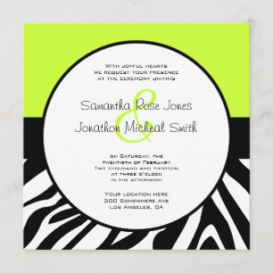 Cute Zebra Print Custom Lime Green Custom Wedding Invitation
