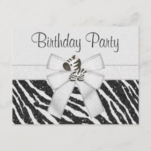 Cute Zebra, Printed Bow & Glitter Look Birthday Invitation