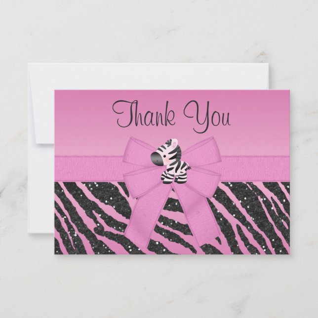 Cute Zebra, Printed Bow & Glitter Look Thank You (Front)
