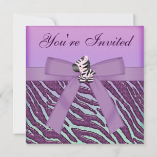 Cute Zebra & Purple Faux Jewel Hearts Animal Print Invitation