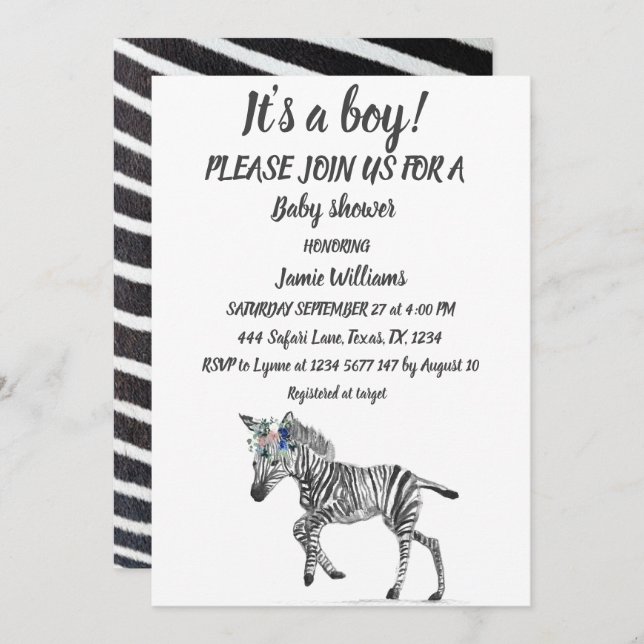 Cute Zebra Safari Jungle pattern animal Baby Boy Invitation (Front/Back)