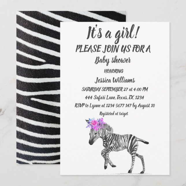 Cute Zebra Safari Jungle pattern animal Baby Girl Invitation (Front/Back)