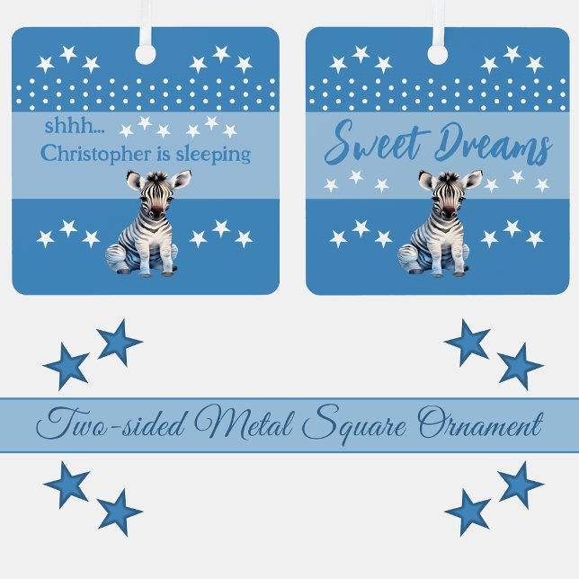 Cute zebra shhh add name is sleeping blue metal tree decoration (Creator Uploaded)