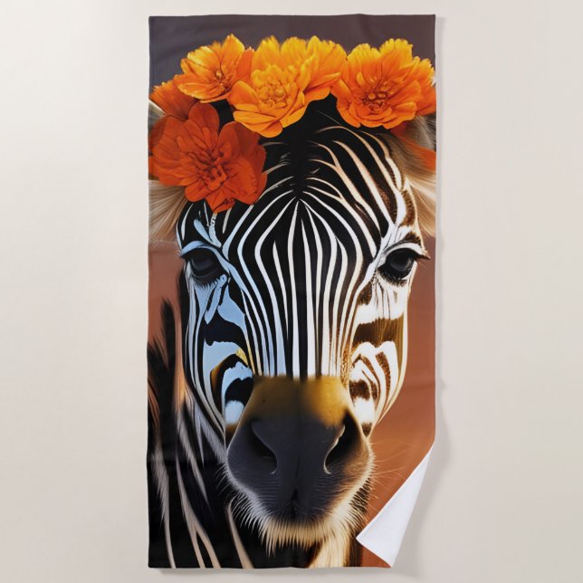 Cute Zebra wearing Orange Flowers  Beach Towel (Front)