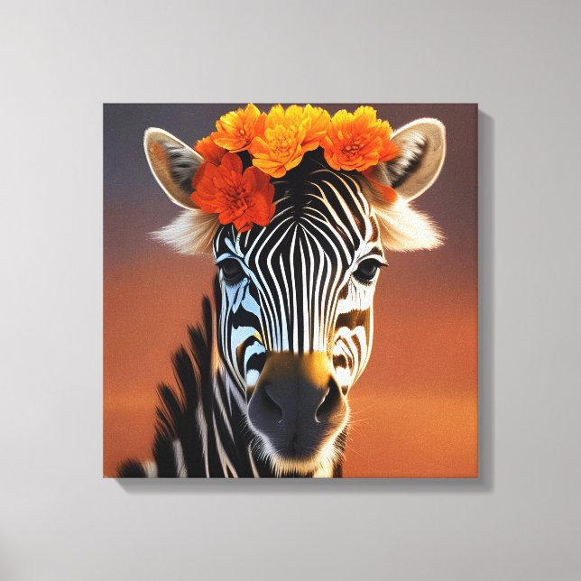 Cute Zebra wearing Orange Flowers Canvas Print (Front)