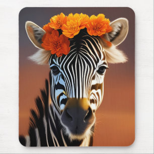 Cute Zebra wearing Orange Flowers  Mouse Mat