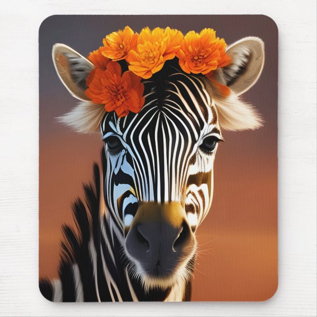 Cute Zebra wearing Orange Flowers  Mouse Mat (Front)
