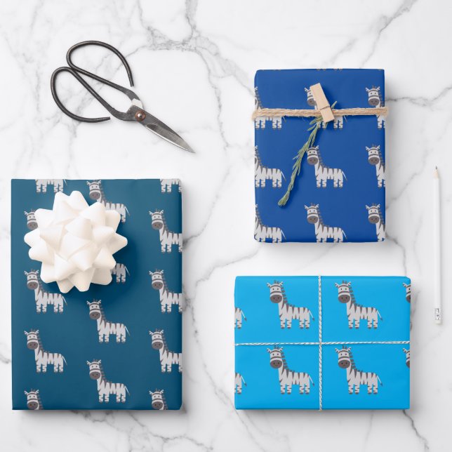 Cute Zebra Zoo Animals Black White Blue Wrapping Paper Sheet (Front)