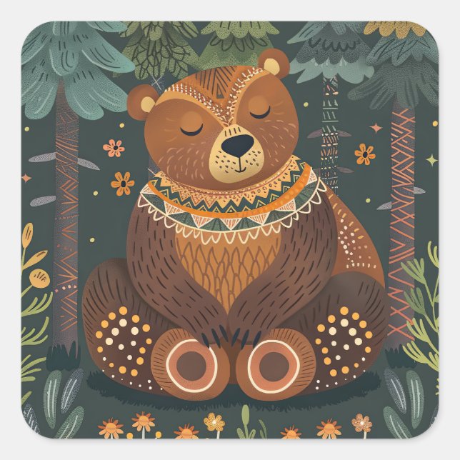 Cute Zen Bear in Woods Wildlife Animal Nature Art Square Sticker (Front)