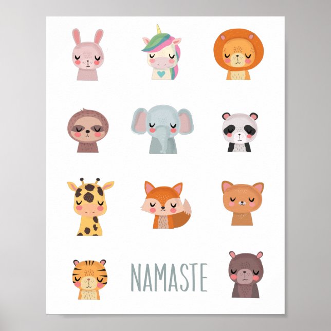 Cute Zen Yoga Kawaii Animal Faces Illustration Poster (Front)