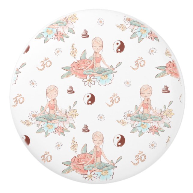Cute Zen Yoga Meditation Lotus Namaste Pastel Ceramic Knob (Front)