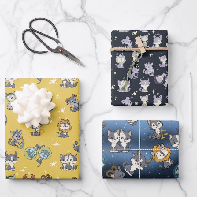 Cute Zodiac Cat Wrapping Paper Flat Sheet Set of 3 (Front)