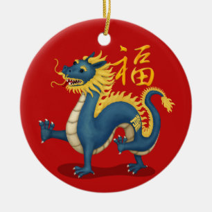 Cute Zodiac Dragon "Fortune" Chinese New Year Ceramic Tree Decoration