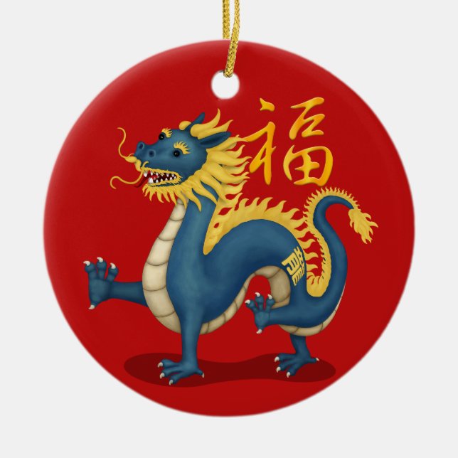 Cute Zodiac Dragon "Fortune" Chinese New Year Ceramic Tree Decoration (Front)