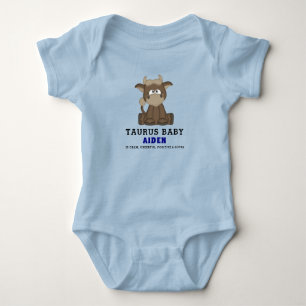 Cute Zodiac Taurus Bull Blue Boy Baby Bodysuit