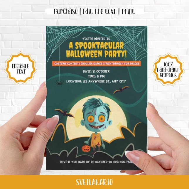 Cute Zombie Boy Halloween Party Invitation (Cute Zombie Boy Halloween Party Invitation)