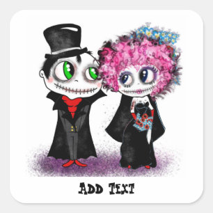 Cute zombie bride and groom cartoon GOTH wedding Square Sticker