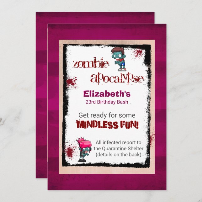 Cute Zombie Theme Birthday Party Invite (Front/Back)