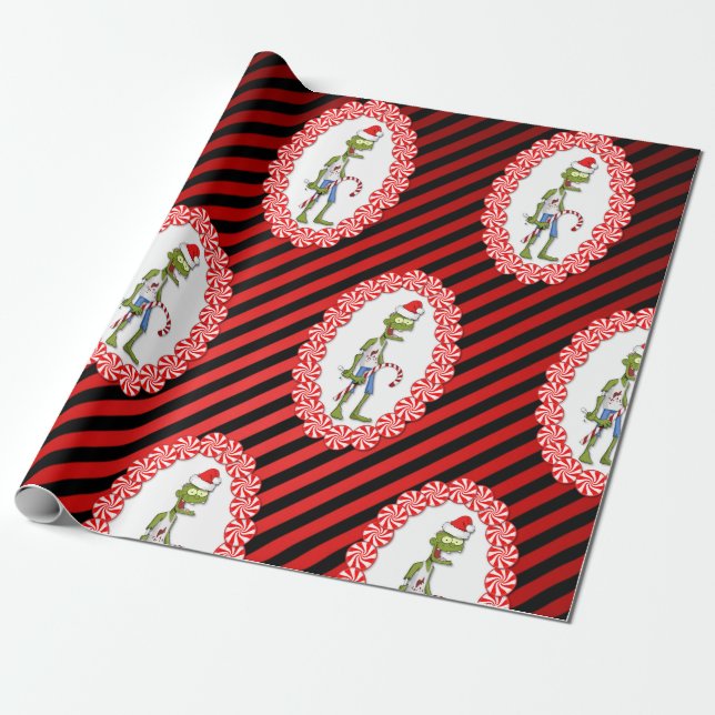 Cute Zombie with Candy Cane Christmas Wrapping Paper (Unrolled)