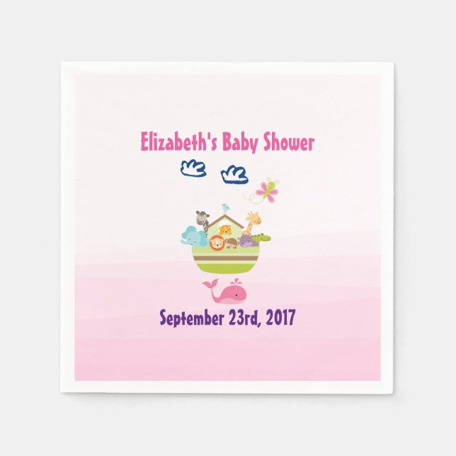 Cute Zoo Animal Ark Pink Baby Shower Napkin (Front)