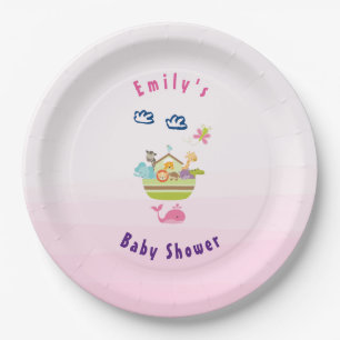 Cute Zoo Animal Ark Pink Baby Shower Paper Plate