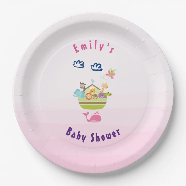 Cute Zoo Animal Ark Pink Baby Shower Paper Plate (Front)
