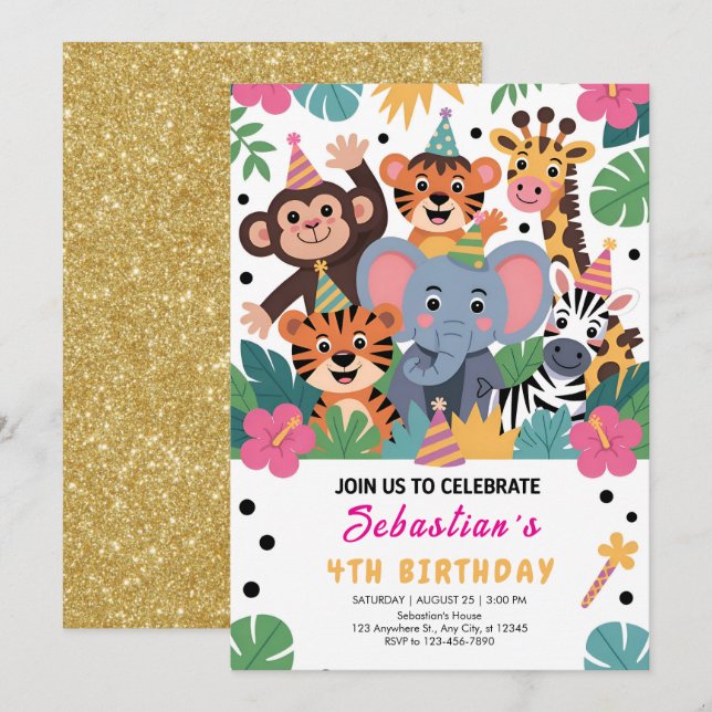 Cute Zoo Animal Kids Party Invitation (Front/Back)