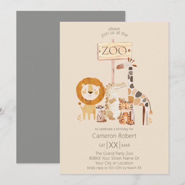Cute Zoo Animals on Beige Invitation (Front/Back)