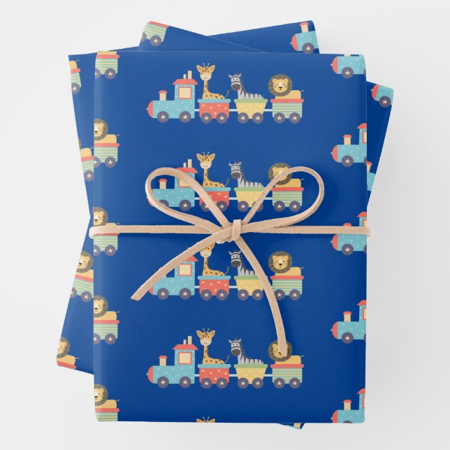 Cute Zoo Animals on Toy Train Lion Giraffe Zebra Wrapping Paper Sheet (In situ)