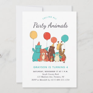 Cute Zoo Animals White Kids Birthday Party Invitation