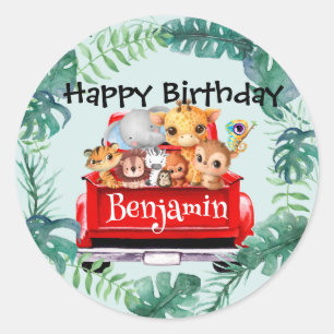 Cute Zoo jungle farm truck tractor boy Birthday Classic Round Sticker