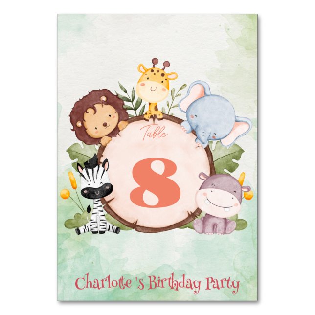 Cute Zoo Kid birthday jungle safari Birthday party Table Number (Front)