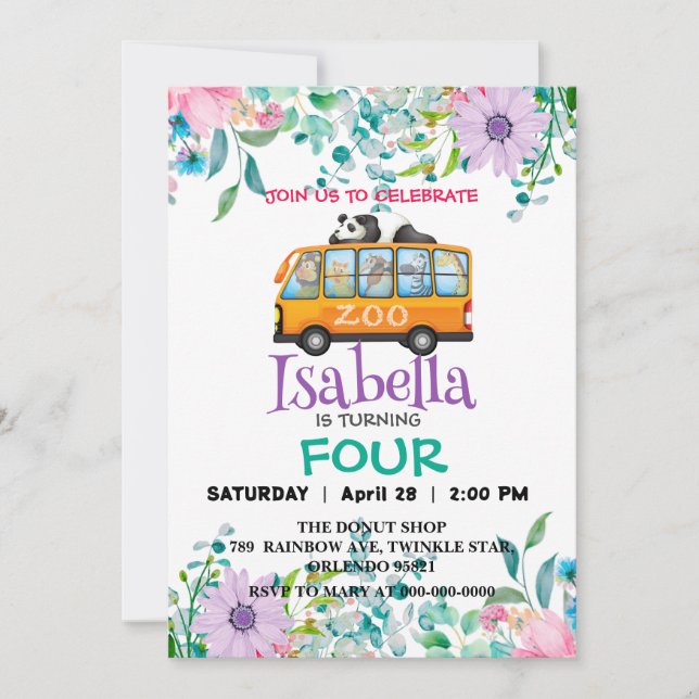 Cute Zoo school Bus Animals Birthday Flower kids Invitation (Front)