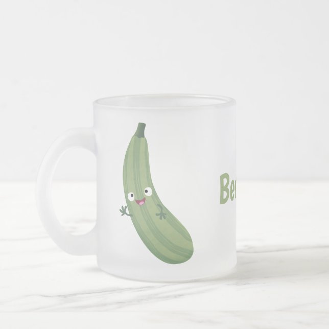 Cute zucchini happy cartoon illustration frosted glass coffee mug (Left)