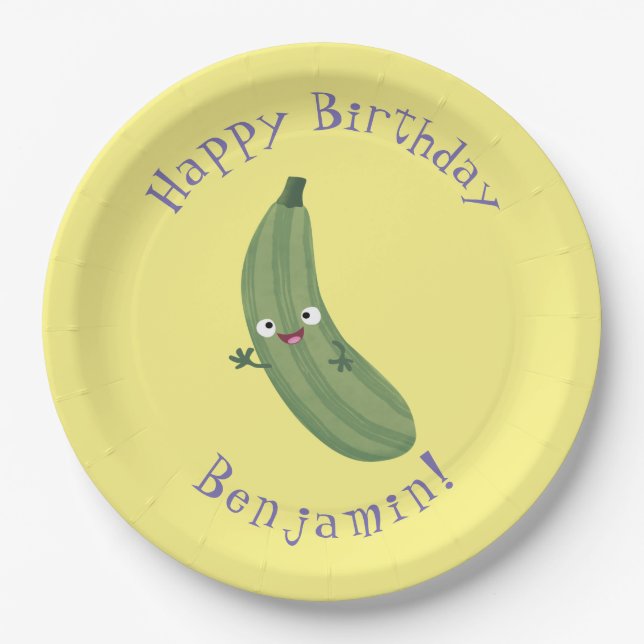 Cute zucchini happy cartoon illustration paper plate (Front)