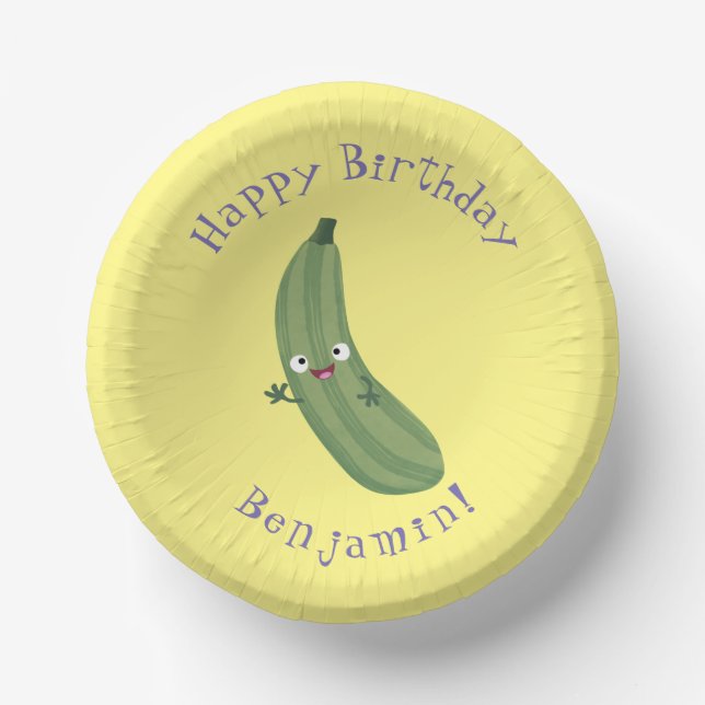 Cute zucchini happy cartoon illustration paper plate (Front)