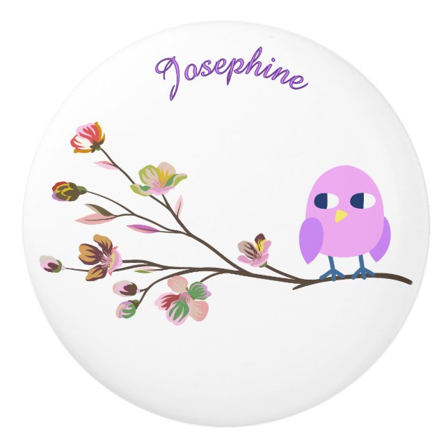 CuteBird on a Branch Personalized Ceramic Knob (Front)